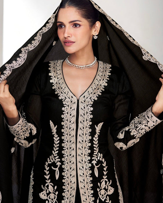 Black Chinon Embroidered Kurta Pant Set - Rosepetals Luxe