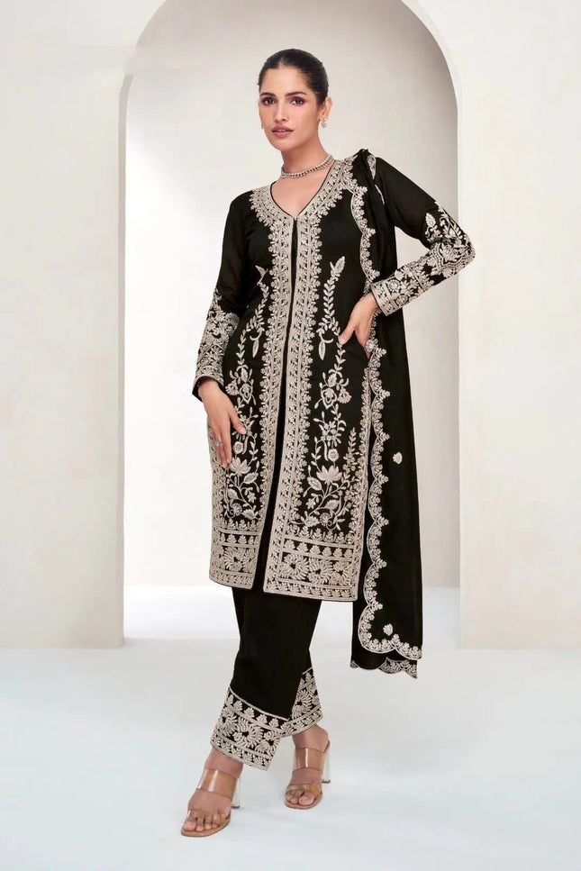 Black Chinon Embroidered Kurta Pant Set - Rosepetals Luxe