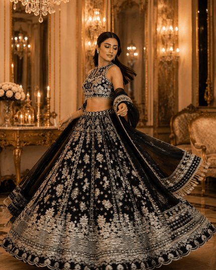 Black Chinon Silk Lehenga Choli Set | Zari, Sequins & Dori Embroidery | 3.5M Flare | Bridal Party Wear - Rosepetals Luxe