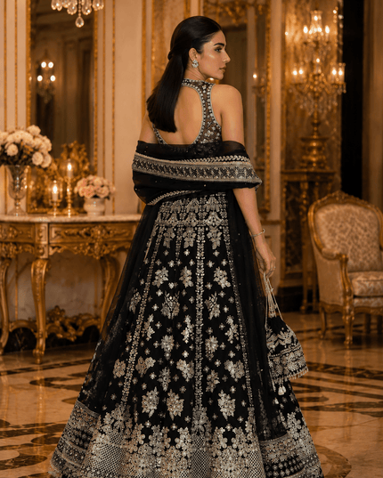 Black Chinon Silk Lehenga Choli Set | Zari, Sequins & Dori Embroidery | 3.5M Flare | Bridal Party Wear - Rosepetals Luxe
