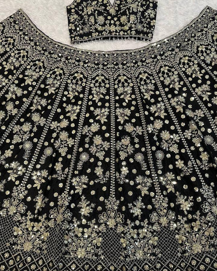 Black Chinon Silk Lehenga Choli Set | Zari, Sequins & Dori Embroidery | 3.5M Flare | Bridal Party Wear - Rosepetals Luxe