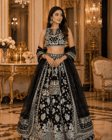 Black Chinon Silk Lehenga Choli Set | Zari, Sequins & Dori Embroidery | 3.5M Flare | Bridal Party Wear - Rosepetals Luxe