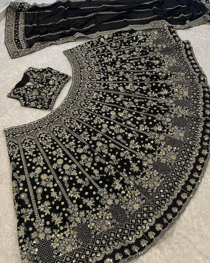 Black Chinon Silk Lehenga Choli Set | Zari, Sequins & Dori Embroidery | 3.5M Flare | Bridal Party Wear - Rosepetals Luxe