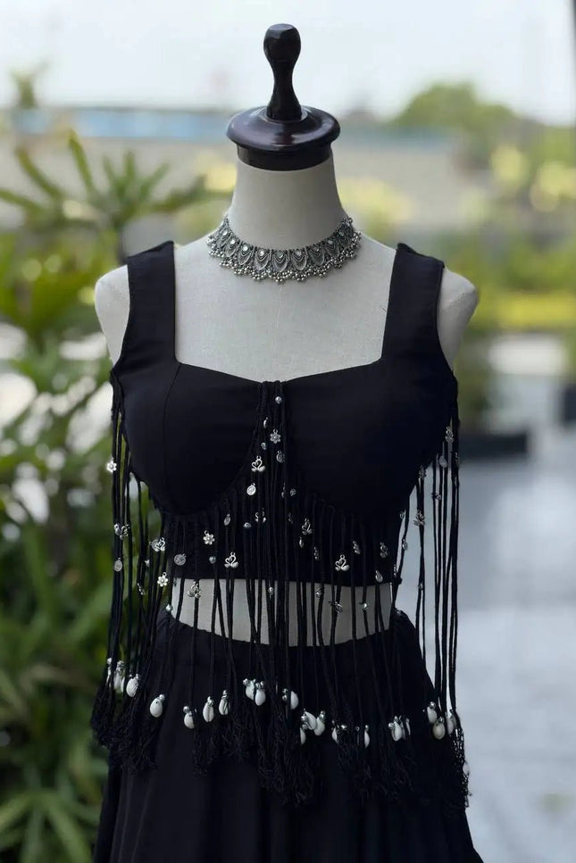 Black Cotton Kali Lehenga Set | Padded Blouse with Dori Detailing - Rosepetals Luxe