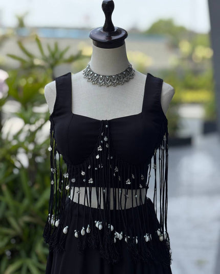 Black Cotton Kali Lehenga Set | Padded Blouse with Dori Detailing - Rosepetals Luxe