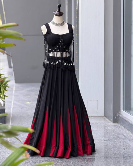 Black Cotton Kali Lehenga Set | Padded Blouse with Dori Detailing - Rosepetals Luxe