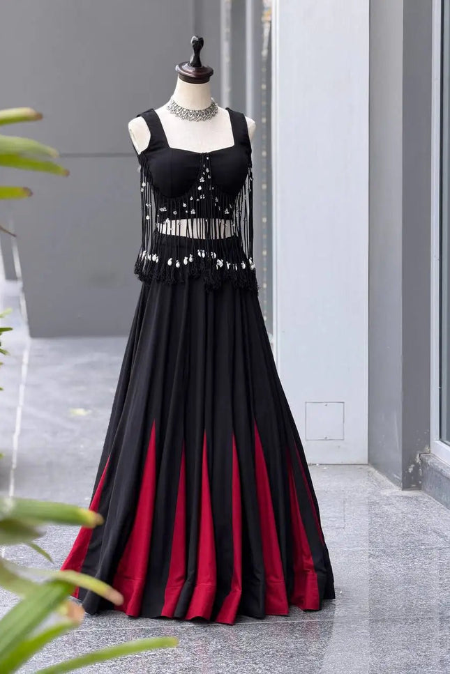 Black Cotton Kali Lehenga Set | Padded Blouse with Dori Detailing - Rosepetals Luxe