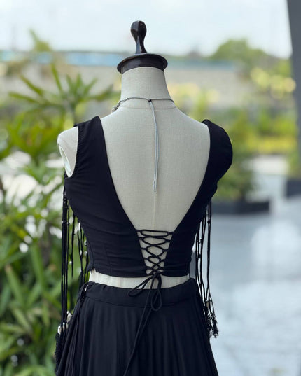Black Cotton Kali Lehenga Set | Padded Blouse with Dori Detailing - Rosepetals Luxe