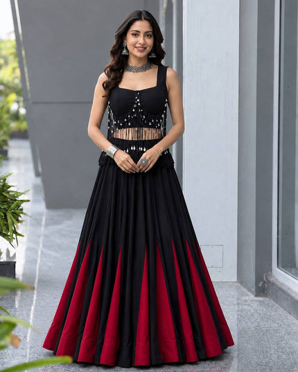 Black Cotton Kali Lehenga Set | Padded Blouse with Dori Detailing - Rosepetals Luxe
