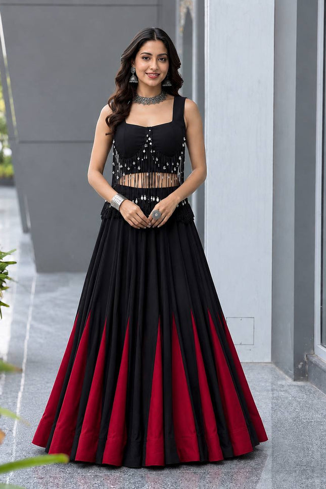Black Cotton Kali Lehenga Set | Padded Blouse with Dori Detailing - Rosepetals Luxe