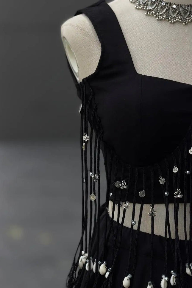 Black Cotton Kali Lehenga Set | Padded Blouse with Dori Detailing - Rosepetals Luxe