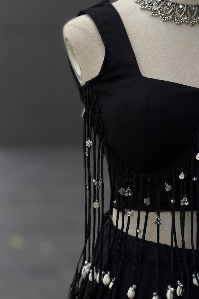 Black Cotton Kali Lehenga Set | Padded Blouse with Dori Detailing - Rosepetals Luxe