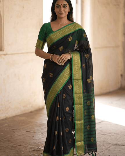 Black Cotton Silk Saree with Contrast Border & Tassels - Rosepetals Luxe