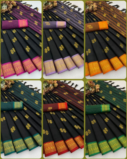 Black Cotton Silk Saree with Contrast Border & Tassels - Rosepetals Luxe