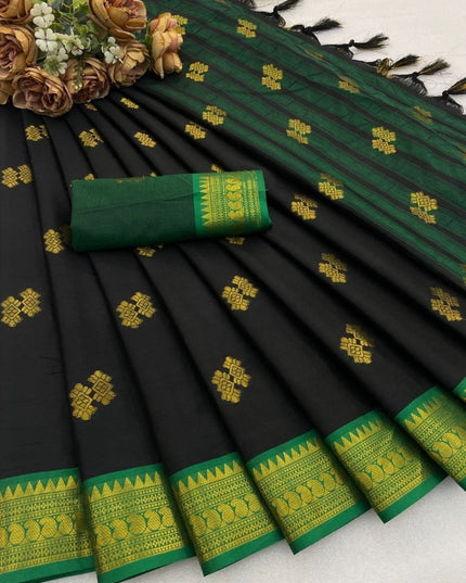 Black Cotton Silk Saree with Contrast Border & Tassels - Rosepetals Luxe