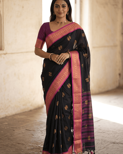 Black Cotton Silk Saree with Contrast Border & Tassels - Rosepetals Luxe