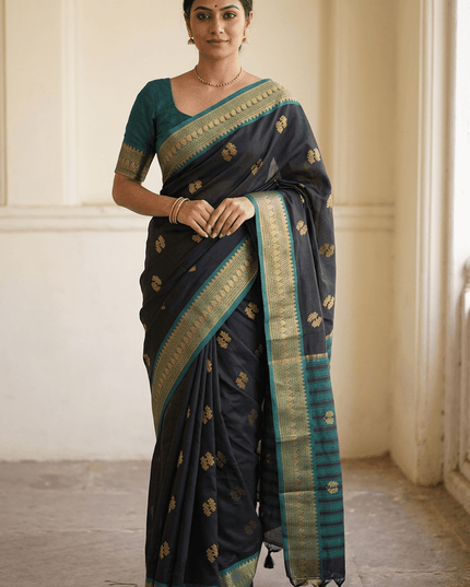 Black Cotton Silk Saree with Contrast Border & Tassels - Rosepetals Luxe