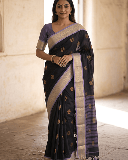 Black Cotton Silk Saree with Contrast Border & Tassels - Rosepetals Luxe