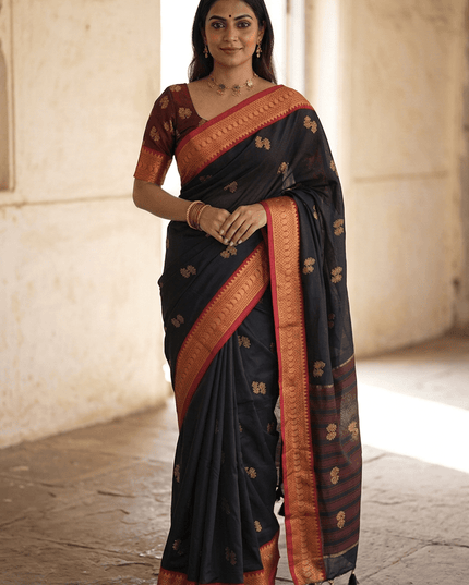 Black Cotton Silk Saree with Contrast Border & Tassels - Rosepetals Luxe