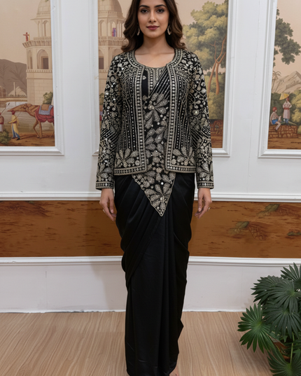 Ready to Wear Drape Saree with Koti | Zari & Semi Beads Embroidery | Faux Georgette - Rosepetals Luxe