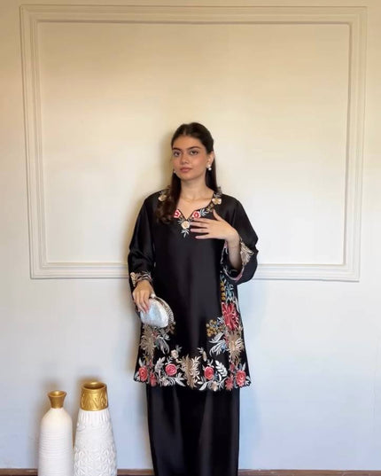 Black Embroidered Rayon Satin Kurta Palazzo Set | Fully Stitched Ethnic Suit - Rosepetals Luxe
