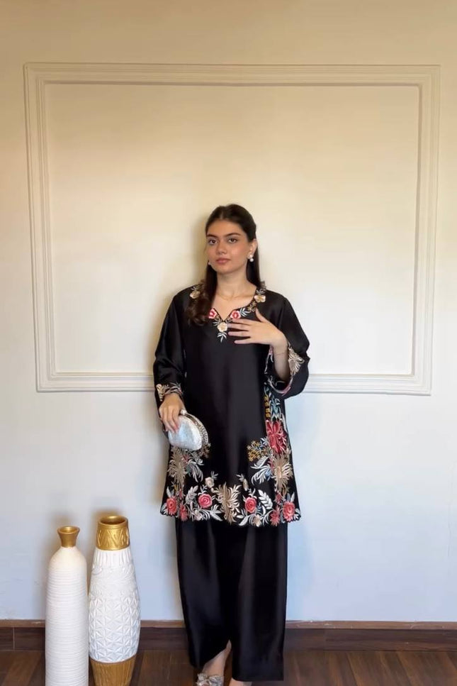 Black Embroidered Rayon Satin Kurta Palazzo Set | Fully Stitched Ethnic Suit - Rosepetals Luxe
