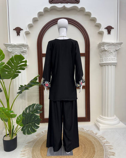 Black Embroidered Rayon Satin Kurta Palazzo Set | Fully Stitched Ethnic Suit - Rosepetals Luxe