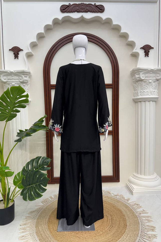 Black Embroidered Rayon Satin Kurta Palazzo Set | Fully Stitched Ethnic Suit - Rosepetals Luxe