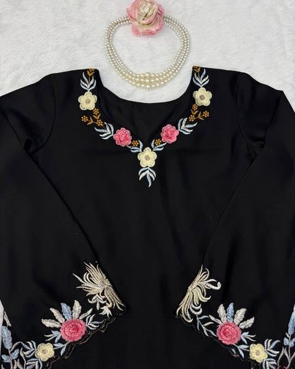 Black Embroidered Rayon Satin Kurta Palazzo Set | Fully Stitched Ethnic Suit - Rosepetals Luxe