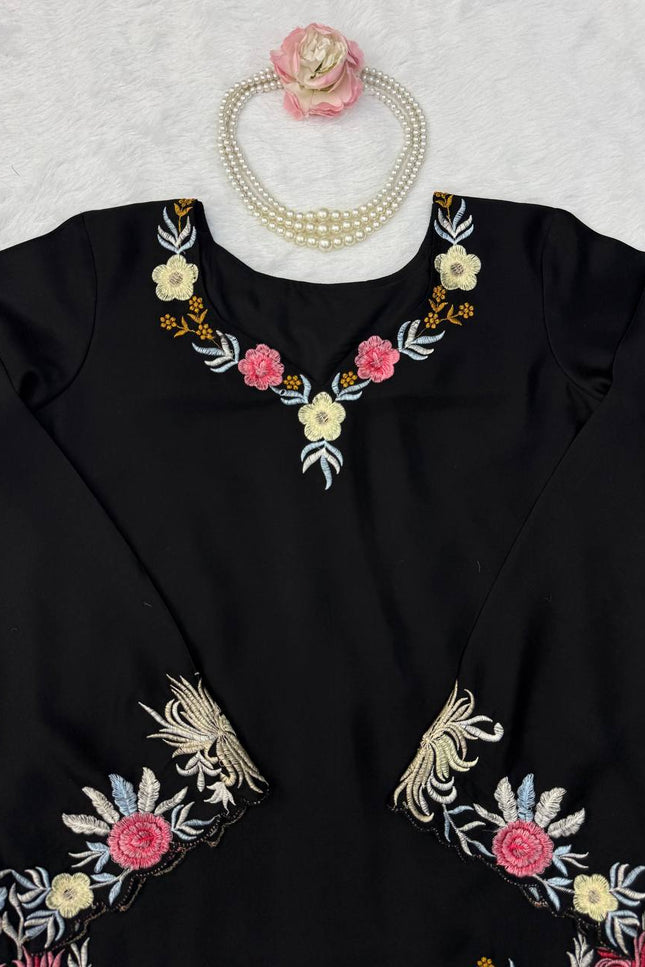 Black Embroidered Rayon Satin Kurta Palazzo Set | Fully Stitched Ethnic Suit - Rosepetals Luxe