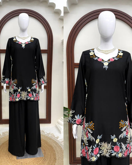 Black Embroidered Rayon Satin Kurta Palazzo Set | Fully Stitched Ethnic Suit - Rosepetals Luxe
