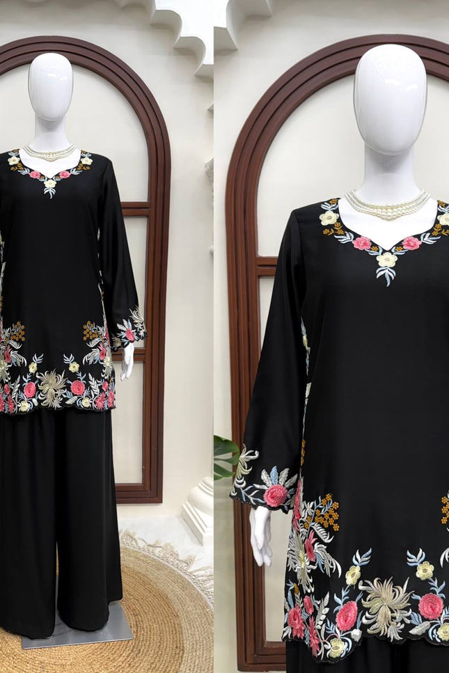 Black Embroidered Rayon Satin Kurta Palazzo Set | Fully Stitched Ethnic Suit - Rosepetals Luxe