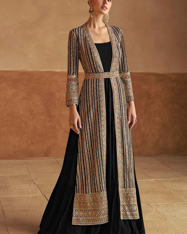 Black Faux Georgette Embroidered Gown with Jacket - Rosepetals Luxe