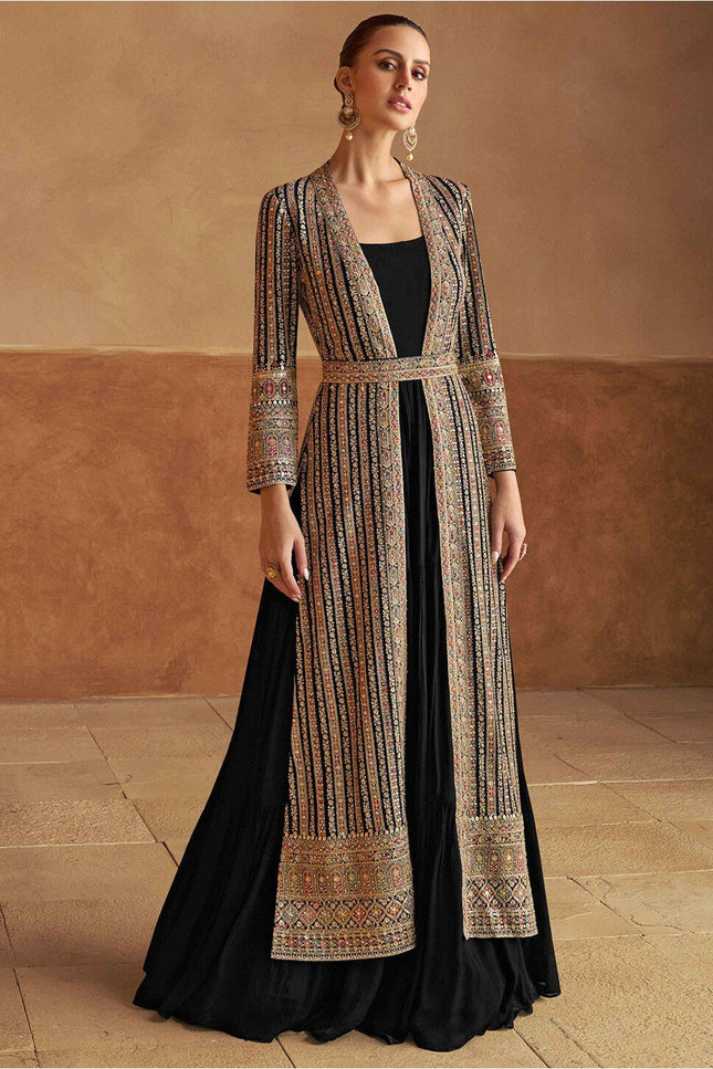 Black Faux Georgette Embroidered Gown with Jacket - Rosepetals Luxe