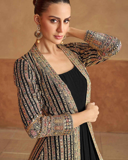 Black Faux Georgette Embroidered Gown with Jacket - Rosepetals Luxe