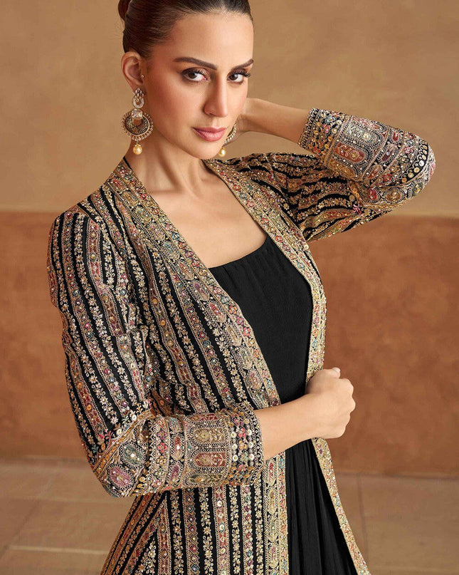 Black Faux Georgette Embroidered Gown with Jacket - Rosepetals Luxe
