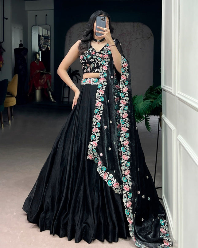 Black Fendi Lehenga Choli with Sequins & Thread Embroidery | 5 Mtr Flare | Stitched - Rosepetals Luxe