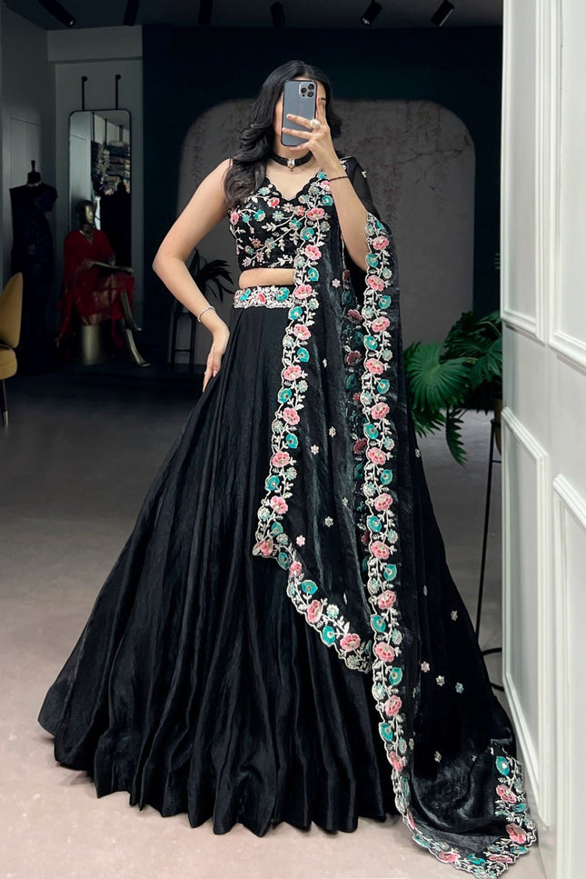 Black Fendi Lehenga Choli with Sequins & Thread Embroidery | 5 Mtr Flare | Stitched - Rosepetals Luxe