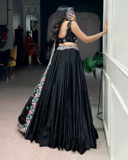 Black Fendi Lehenga Choli with Sequins & Thread Embroidery | 5 Mtr Flare | Stitched - Rosepetals Luxe