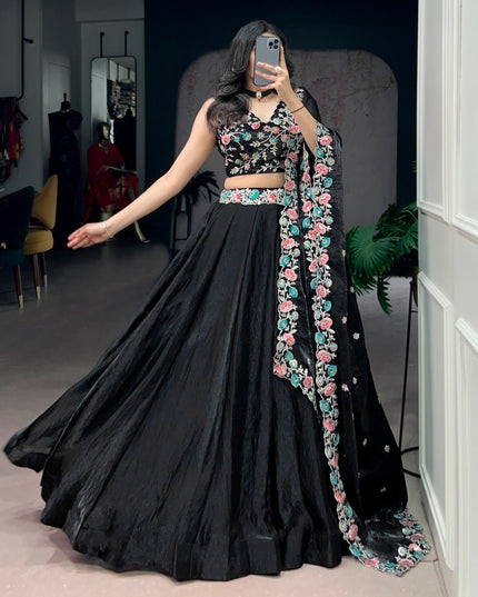 Black Fendi Lehenga Choli with Sequins & Thread Embroidery | 5 Mtr Flare | Stitched - Rosepetals Luxe