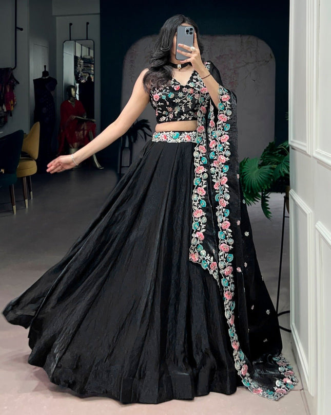 Black Fendi Lehenga Choli with Sequins & Thread Embroidery | 5 Mtr Flare | Stitched - Rosepetals Luxe