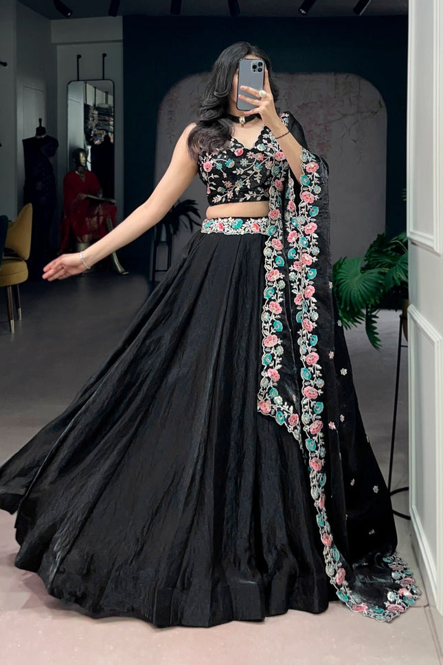 Black Fendi Lehenga Choli with Sequins & Thread Embroidery | 5 Mtr Flare | Stitched - Rosepetals Luxe