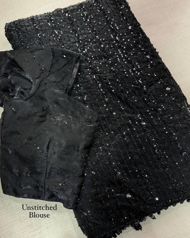Black Fendi Satin Saree with Full Heavy Beads Sequins Work and Black Pearl Latkan Lace Border - Rosepetals Luxe