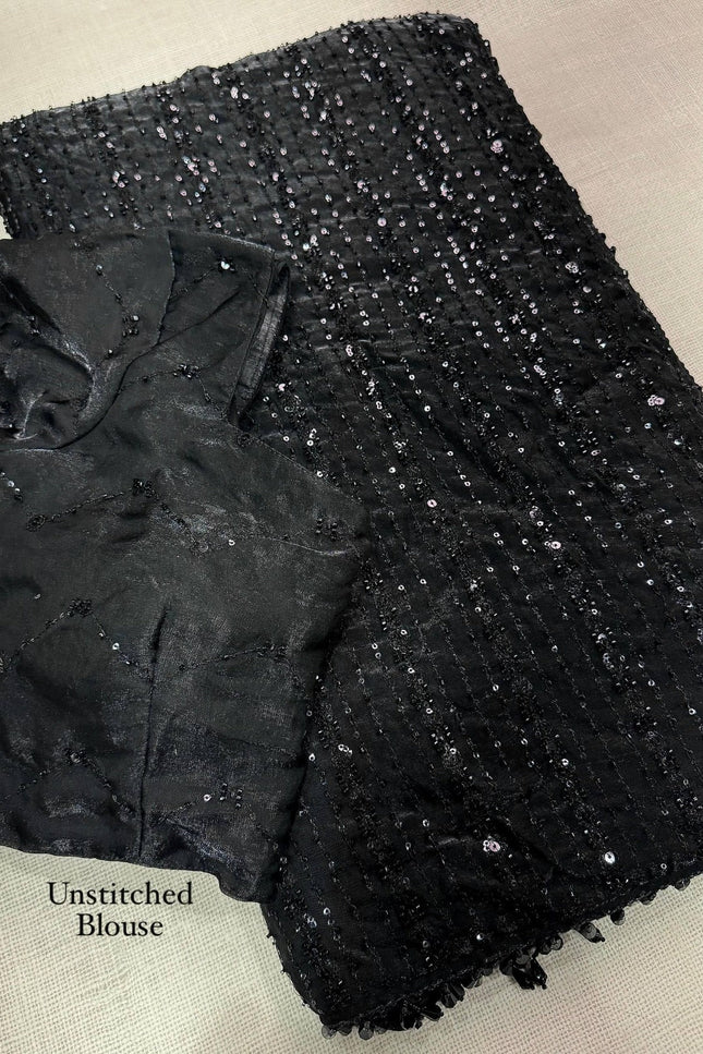 Black Fendi Satin Saree with Full Heavy Beads Sequins Work and Black Pearl Latkan Lace Border - Rosepetals Luxe