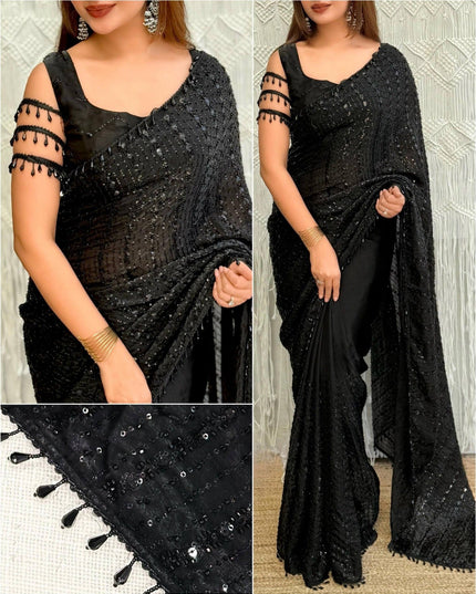 Black Fendi Satin Saree with Full Heavy Beads Sequins Work and Black Pearl Latkan Lace Border - Rosepetals Luxe
