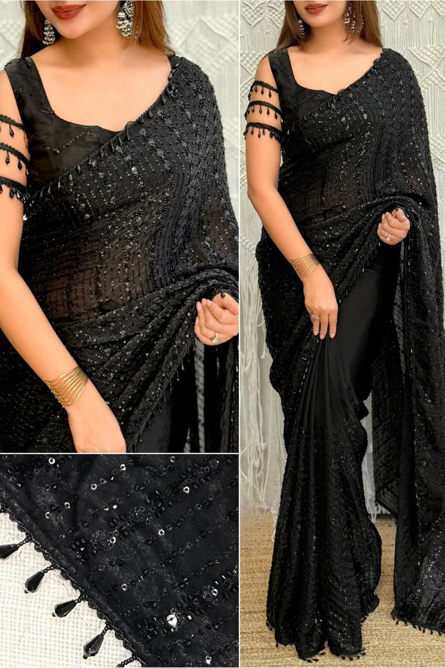 Black Fendi Satin Saree with Full Heavy Beads Sequins Work and Black Pearl Latkan Lace Border - Rosepetals Luxe