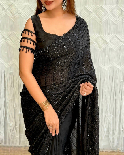 Black Fendi Satin Saree with Full Heavy Beads Sequins Work and Black Pearl Latkan Lace Border - Rosepetals Luxe