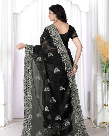Black Net Saree | Heavy Multi Embroidery & Hotfix Diamond Work | Cut Work Border | Wedding & Party Wear - Rosepetals Luxe