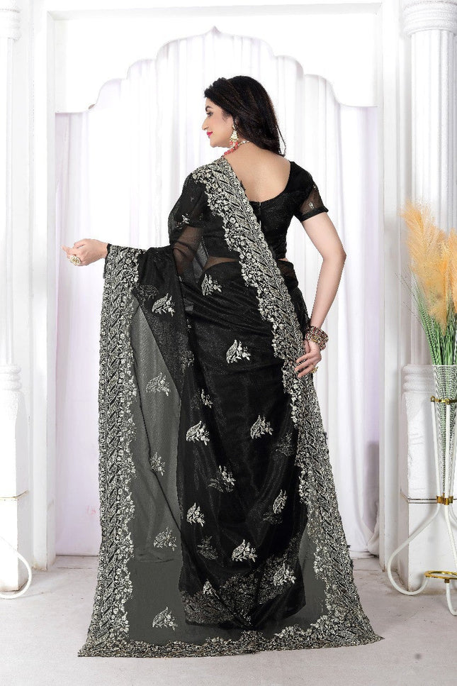 Black Net Saree | Heavy Multi Embroidery & Hotfix Diamond Work | Cut Work Border | Wedding & Party Wear - Rosepetals Luxe