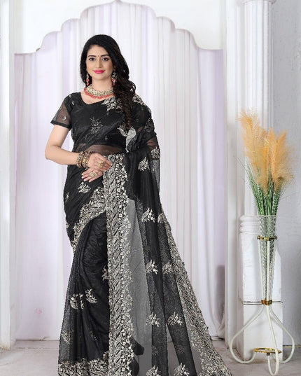 Black Net Saree | Heavy Multi Embroidery & Hotfix Diamond Work | Cut Work Border | Wedding & Party Wear - Rosepetals Luxe